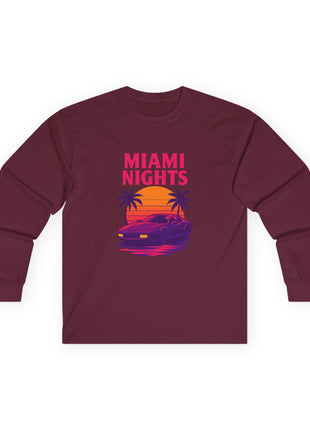 Miami Nights Long Sleeve Tee — Retro Sunset Palm Beach Graphic