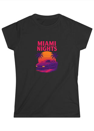 Miami Nights Women's Tee — Retro Sunset Palm Beach Graphic Tee ("WANTED" Back)