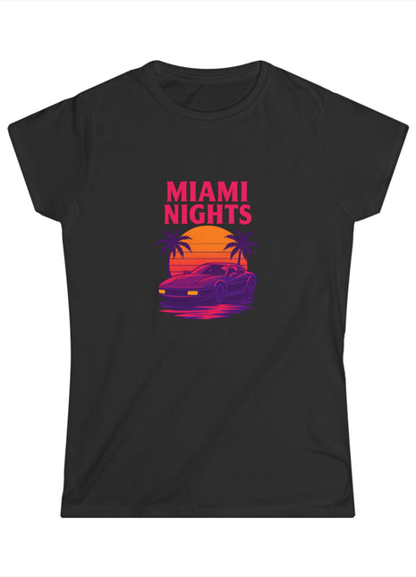 Miami Nights Women's Tee — Retro Sunset Palm Beach Graphic Tee ("WANTED" Back)