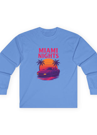 Miami Nights Long Sleeve Tee — Retro Sunset Palm Beach Graphic