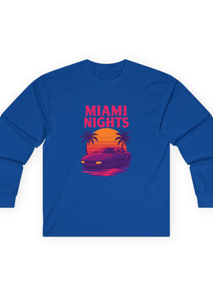 Miami Nights Long Sleeve Tee — Retro Sunset Palm Beach Graphic