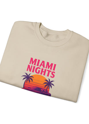 Miami Nights Sweatshirt — Retro Palm Beach Sunset Crewneck (’Wanted’ Back Graphic)