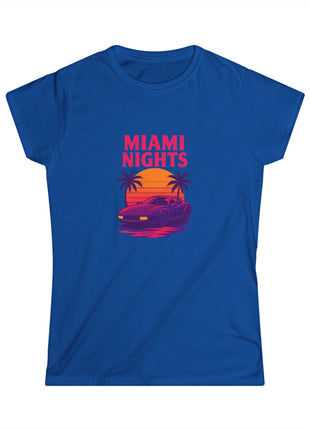 Miami Nights Women's Tee — Retro Sunset Palm Beach Graphic Tee ("WANTED" Back)