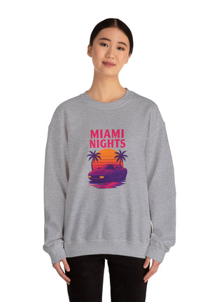 Miami Nights Sweatshirt — Retro Palm Beach Sunset Crewneck (’Wanted’ Back Graphic)