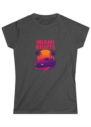 Miami Nights Women's Tee — Retro Sunset Palm Beach Graphic Tee ("WANTED" Back)