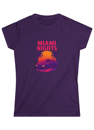 Miami Nights Women's Tee — Retro Sunset Palm Beach Graphic Tee ("WANTED" Back)