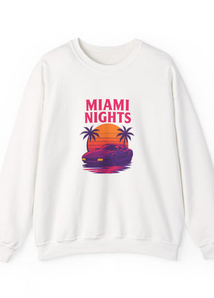 Miami Nights Sweatshirt — Retro Palm Beach Sunset Crewneck (’Wanted’ Back Graphic)