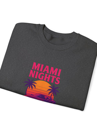 Miami Nights Sweatshirt — Retro Palm Beach Sunset Crewneck (’Wanted’ Back Graphic)