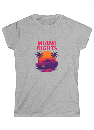 Miami Nights Women's Tee — Retro Sunset Palm Beach Graphic Tee ("WANTED" Back)