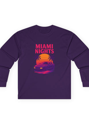 Miami Nights Long Sleeve Tee — Retro Sunset Palm Beach Graphic