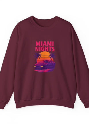 Miami Nights Sweatshirt — Retro Palm Beach Sunset Crewneck (’Wanted’ Back Graphic)