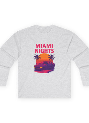 Miami Nights Long Sleeve Tee — Retro Sunset Palm Beach Graphic