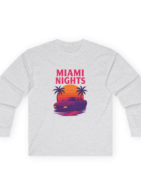 Miami Nights Long Sleeve Tee — Retro Sunset Palm Beach Graphic