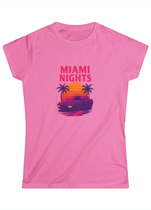 Miami Nights Women's Tee — Retro Sunset Palm Beach Graphic Tee ("WANTED" Back)