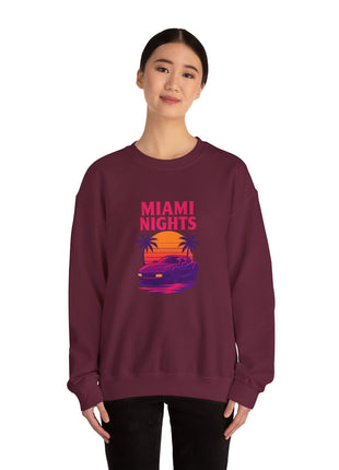 Miami Nights Sweatshirt — Retro Palm Beach Sunset Crewneck (’Wanted’ Back Graphic)
