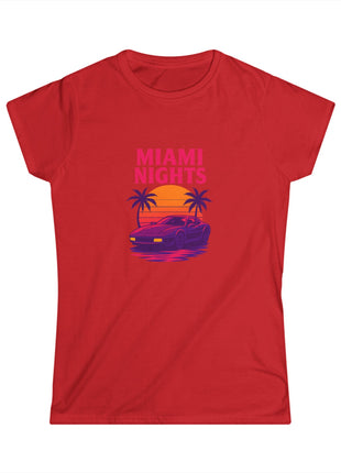 Miami Nights Women's Tee — Retro Sunset Palm Beach Graphic Tee ("WANTED" Back)