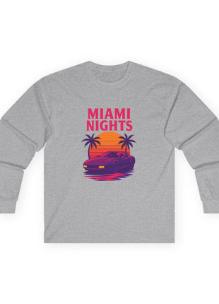Miami Nights Long Sleeve Tee — Retro Sunset Palm Beach Graphic