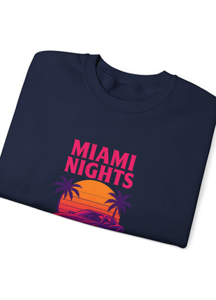 Miami Nights Sweatshirt — Retro Palm Beach Sunset Crewneck (’Wanted’ Back Graphic)