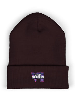 Embroidered 'Vice Streets' Cuffed Beanie – Retro Vaporwave Knit Hat
