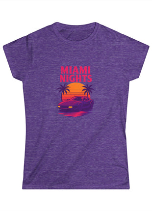 Miami Nights Women's Tee — Retro Sunset Palm Beach Graphic Tee ("WANTED" Back)