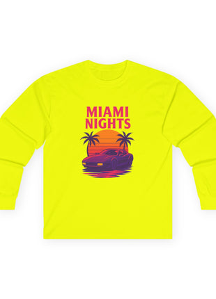 Miami Nights Long Sleeve Tee — Retro Sunset Palm Beach Graphic