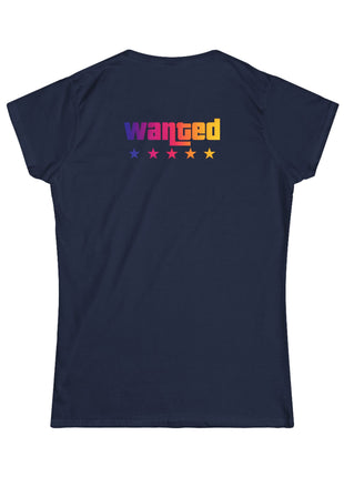 Miami Nights Women's Tee — Retro Sunset Palm Beach Graphic Tee ("WANTED" Back)