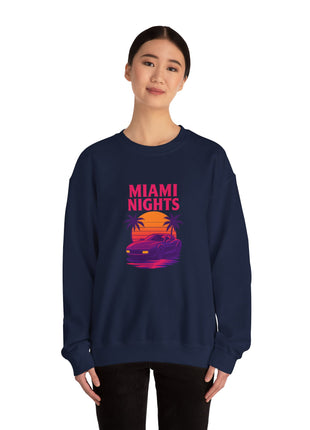 Miami Nights Sweatshirt — Retro Palm Beach Sunset Crewneck (’Wanted’ Back Graphic)