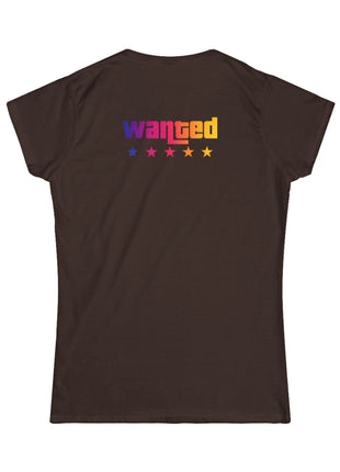 Miami Nights Women's Tee — Retro Sunset Palm Beach Graphic Tee ("WANTED" Back)