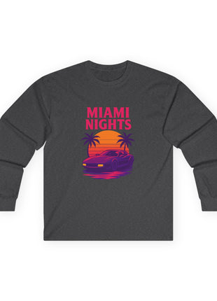 Miami Nights Long Sleeve Tee — Retro Sunset Palm Beach Graphic