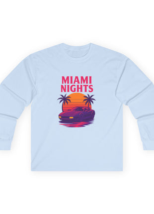 Miami Nights Long Sleeve Tee — Retro Sunset Palm Beach Graphic