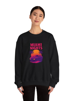 Miami Nights Sweatshirt — Retro Palm Beach Sunset Crewneck (’Wanted’ Back Graphic)