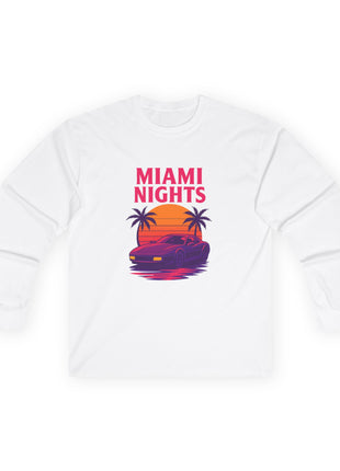 Miami Nights Long Sleeve Tee — Retro Sunset Palm Beach Graphic