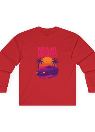Miami Nights Long Sleeve Tee — Retro Sunset Palm Beach Graphic