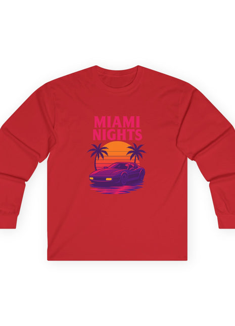 Miami Nights Long Sleeve Tee — Retro Sunset Palm Beach Graphic