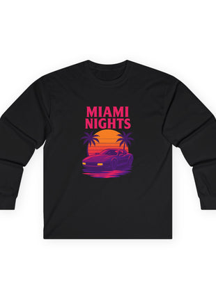 Miami Nights Long Sleeve Tee — Retro Sunset Palm Beach Graphic