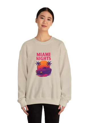 Miami Nights Sweatshirt — Retro Palm Beach Sunset Crewneck (’Wanted’ Back Graphic)