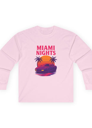 Miami Nights Long Sleeve Tee — Retro Sunset Palm Beach Graphic