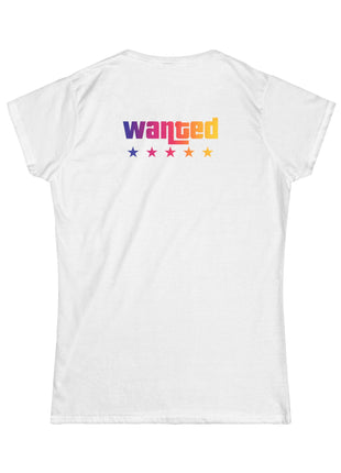 Miami Nights Women's Tee — Retro Sunset Palm Beach Graphic Tee ("WANTED" Back)