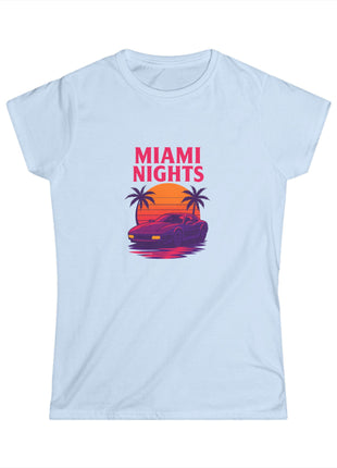 Miami Nights Women's Tee — Retro Sunset Palm Beach Graphic Tee ("WANTED" Back)