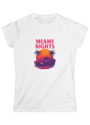 Miami Nights Women's Tee — Retro Sunset Palm Beach Graphic Tee ("WANTED" Back)