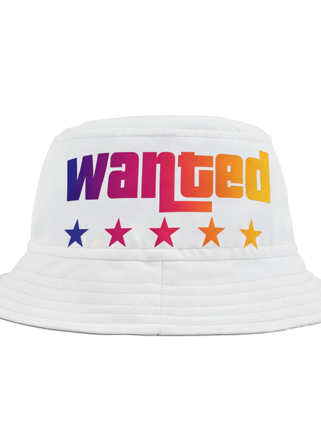 Wanted Rainbow Stars Bucket Hat — Retro Bold Text Sun Hat