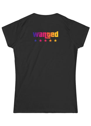 Miami Nights Women's Tee — Retro Sunset Palm Beach Graphic Tee ("WANTED" Back)