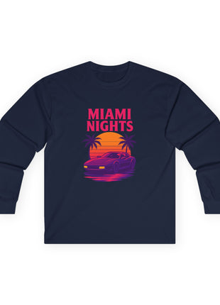 Miami Nights Long Sleeve Tee — Retro Sunset Palm Beach Graphic