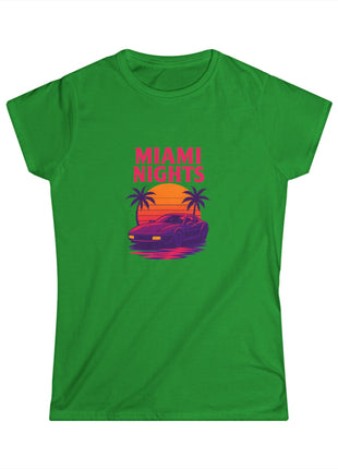 Miami Nights Women's Tee — Retro Sunset Palm Beach Graphic Tee ("WANTED" Back)