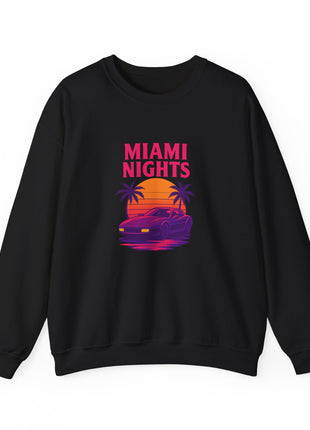 Miami Nights Sweatshirt — Retro Palm Beach Sunset Crewneck (’Wanted’ Back Graphic)