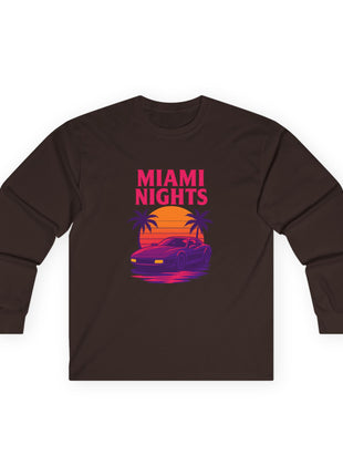 Miami Nights Long Sleeve Tee — Retro Sunset Palm Beach Graphic