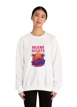 Miami Nights Sweatshirt — Retro Palm Beach Sunset Crewneck (’Wanted’ Back Graphic)