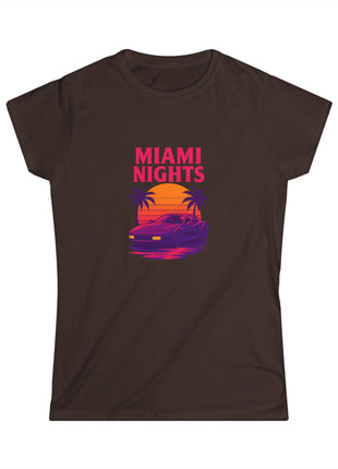 Miami Nights Women's Tee — Retro Sunset Palm Beach Graphic Tee ("WANTED" Back)