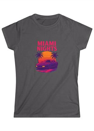 Miami Nights Women's Tee — Retro Sunset Palm Beach Graphic Tee ("WANTED" Back)