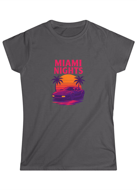 Miami Nights Women's Tee — Retro Sunset Palm Beach Graphic Tee ("WANTED" Back)